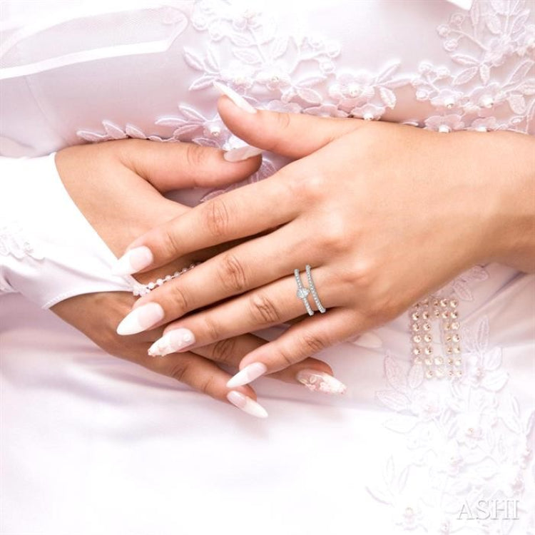3/4 Ctw Diamond Wedding Set With 5/8 Ct Pear Cut Diamond Engagement Ring and 1/6 Ct Wedding Band in 14K White Gold