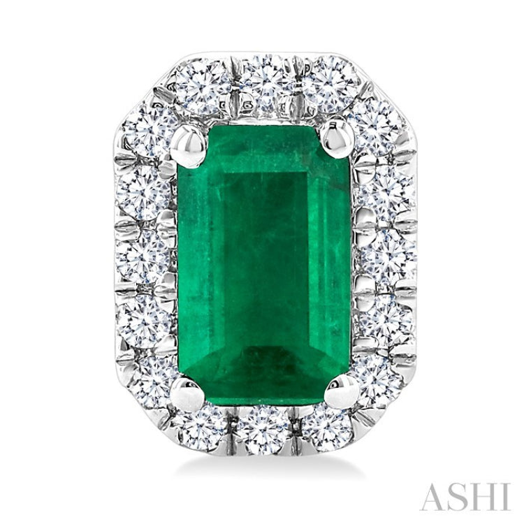 5x3 MM Octagonal Shape Emerald and 1/8 Ctw Round Cut Diamond Halo Precious Stud Earrings in 10K White Gold