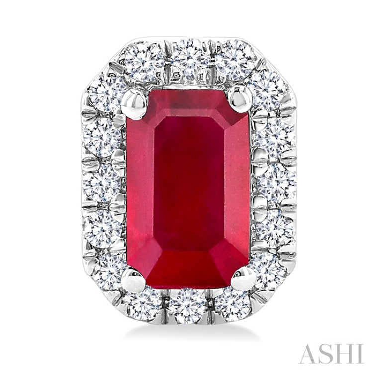 5x3 MM Octagonal Shape Ruby and 1/8 Ctw Round Cut Diamond Halo Precious Stud Earrings in 10K White Gold