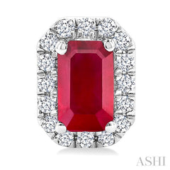 5x3 MM Octagonal Shape Ruby and 1/8 Ctw Round Cut Diamond Halo Precious Stud Earrings in 10K White Gold