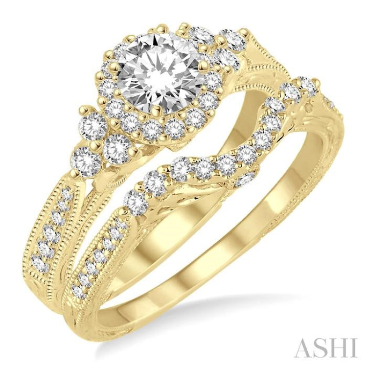 7/8 Ctw Diamond Wedding Set with 3/4 Ctw Round Cut Engagement Ring and 1/5 Ctw Wedding Band in 14K Yellow Gold