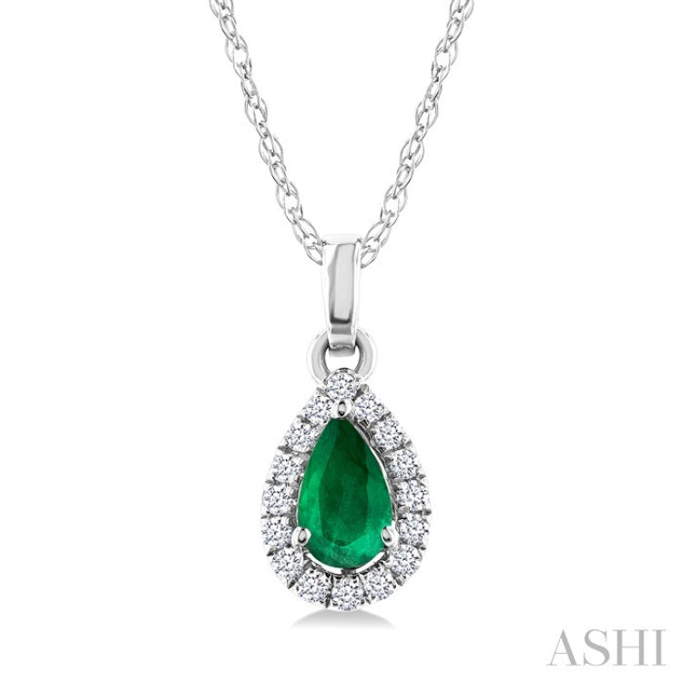 5x3 MM Pear Shape Emerald and 1/20 Ctw Round Cut Diamond Halo Precious Pendant with Chain in 14K White Gold