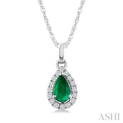 5x3 MM Pear Shape Emerald and 1/20 Ctw Round Cut Diamond Halo Precious Pendant with Chain in 14K White Gold