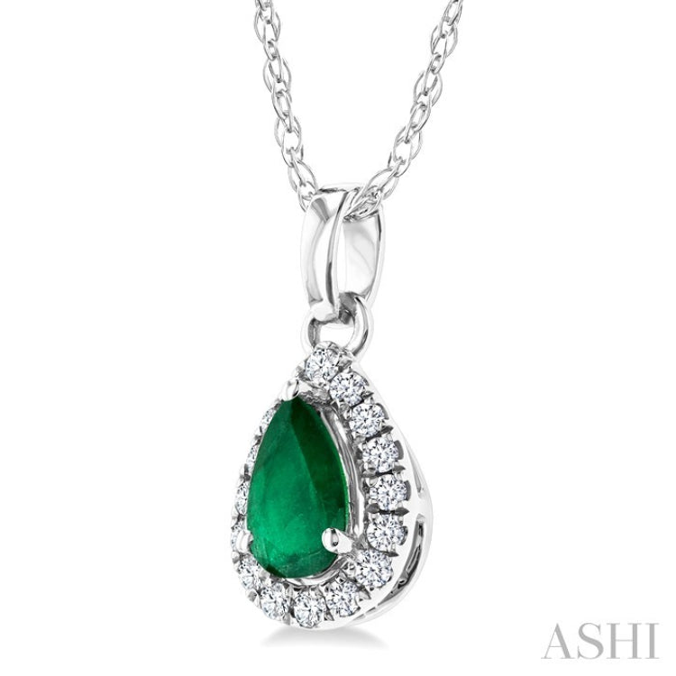 5x3 MM Pear Shape Emerald and 1/20 Ctw Round Cut Diamond Halo Precious Pendant with Chain in 14K White Gold
