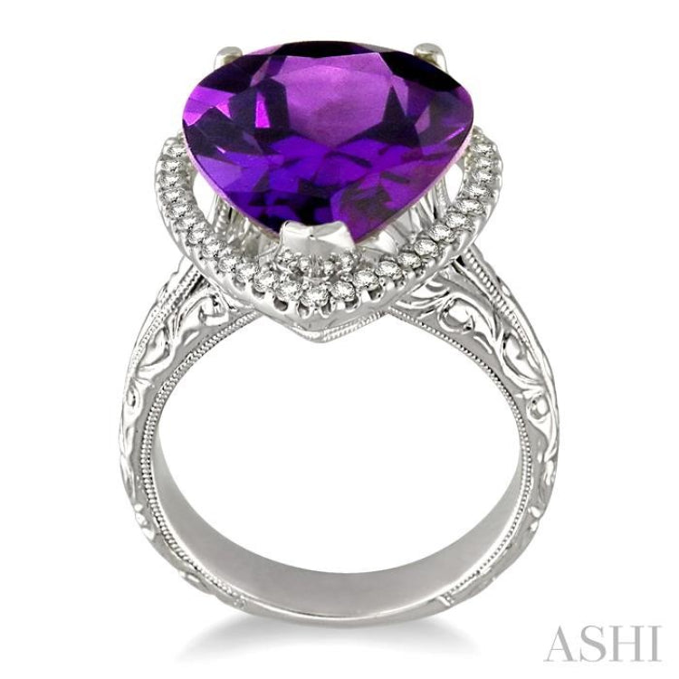 16x13 MM Pear Shape Amethyst and 1/3 Ctw Round Cut Diamond Semi-Precious Ring in 14K White Gold