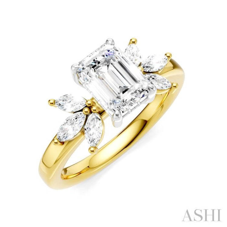 1/2 Ctw Emerald Shape Marquise and Round Cut Diamond Semi-Mount Engagement Ring in 14K Yellow and White Gold