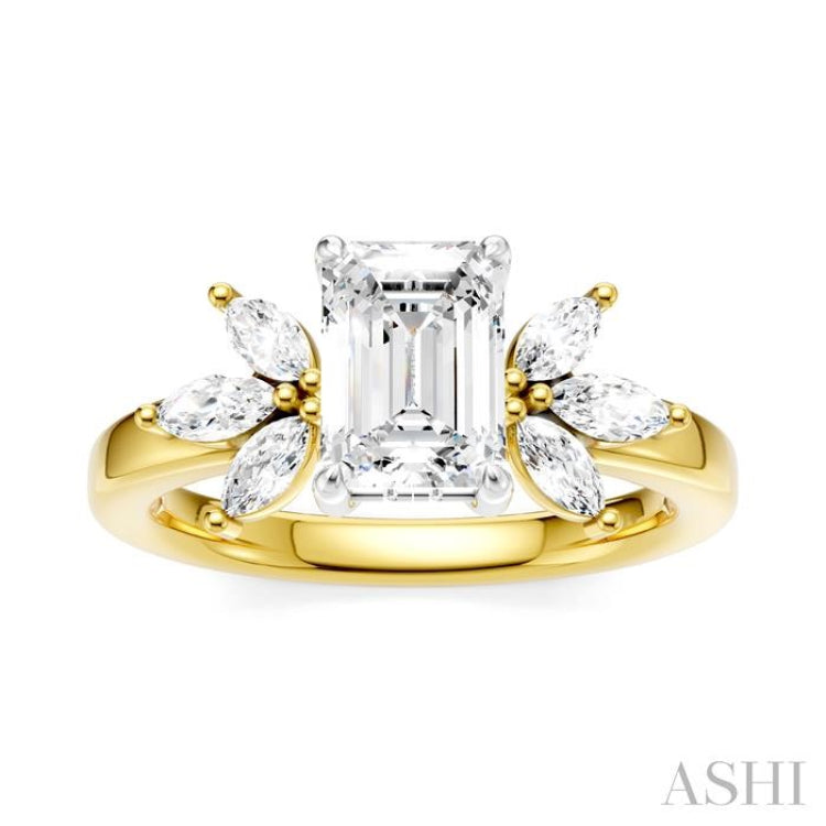 1/2 Ctw Emerald Shape Marquise and Round Cut Diamond Semi-Mount Engagement Ring in 14K Yellow and White Gold