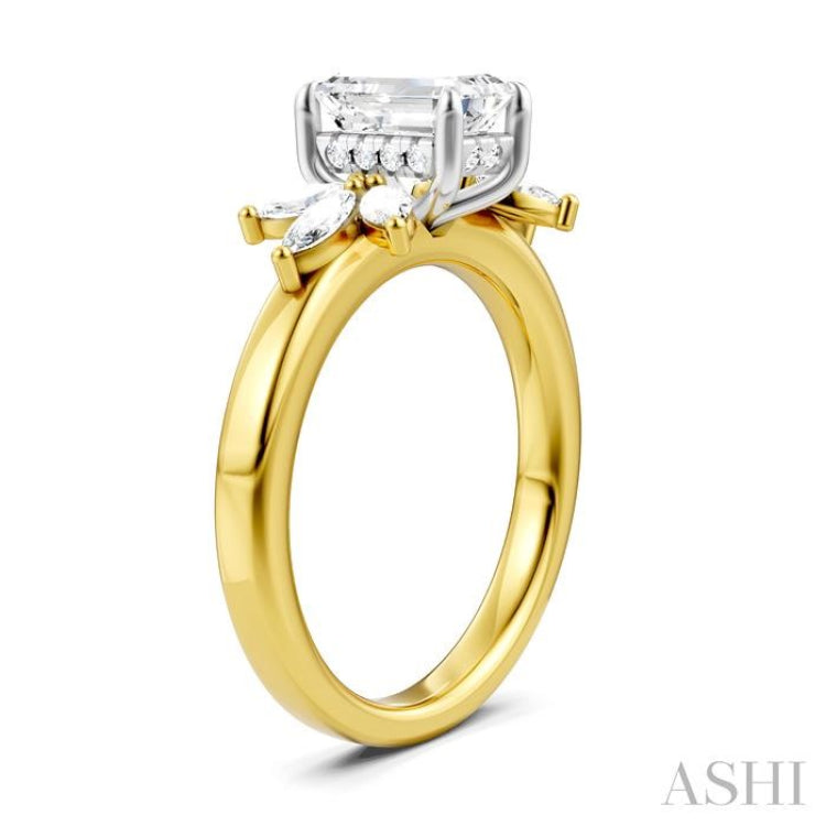 1/2 Ctw Emerald Shape Marquise and Round Cut Diamond Semi-Mount Engagement Ring in 14K Yellow and White Gold