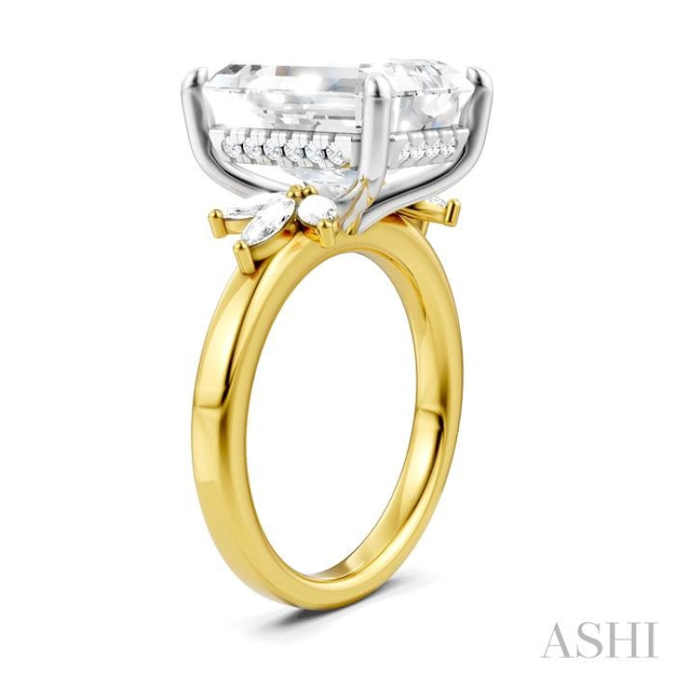 5/8 Ctw Emerald Shape Marquise and Round Cut Diamond Semi-Mount Engagement Ring in 14K Yellow and White Gold