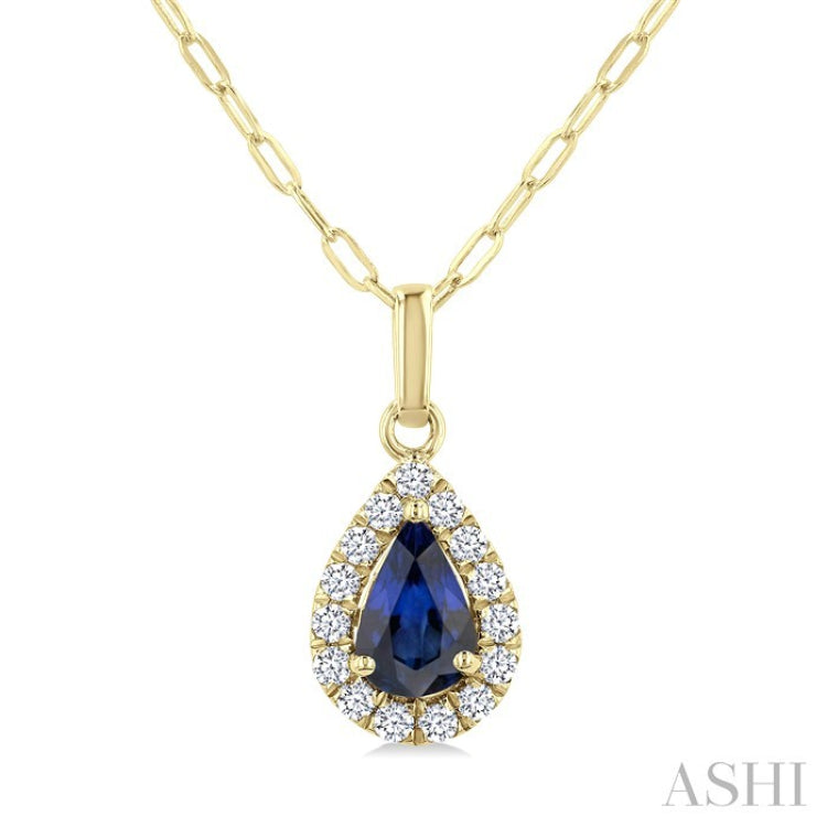 6x4 MM Pear Shape Sapphire and 1/6 Ctw Round Cut Diamond Halo Precious Pendant with Chain in 14K Yellow Gold