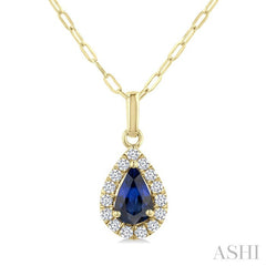 6x4 MM Pear Shape Sapphire and 1/6 Ctw Round Cut Diamond Halo Precious Pendant with Chain in 14K Yellow Gold