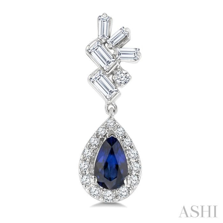 5X3MM Pear Cut Sapphire, Round and  1/3 Ctw  Baguette Cut Scatter Diamond Precious Fashion earrings in 10K White Gold