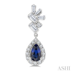 5X3MM Pear Cut Sapphire, Round and  1/3 Ctw  Baguette Cut Scatter Diamond Precious Fashion earrings in 10K White Gold