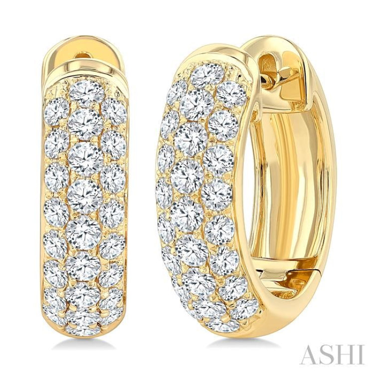 1 Ctw Three-Row Pave Set Round Cut Diamond Fashion Huggies in 14K Yellow Gold