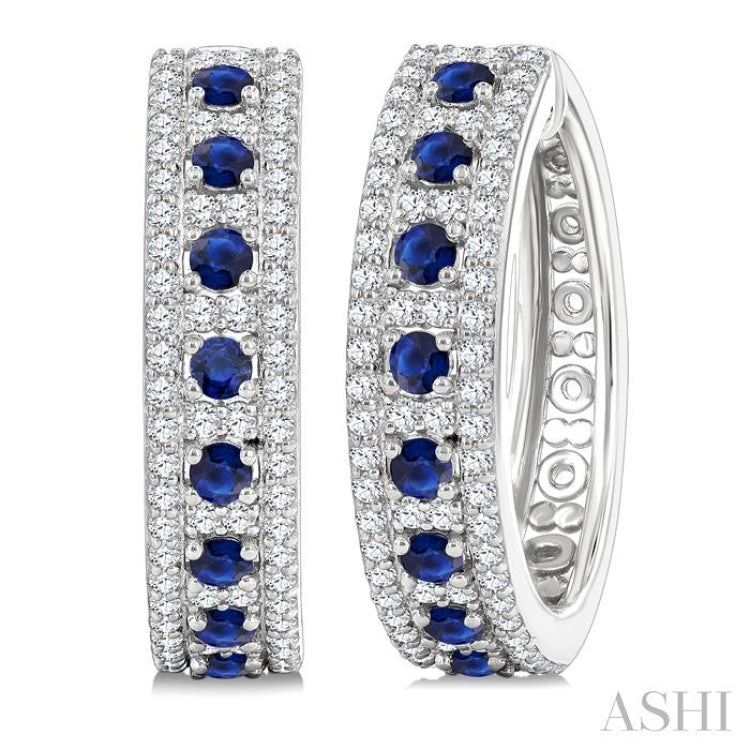 3/4 Ctw 2.00MM Round Cut Sapphire and Round Cut Diamond Precious Hoop Earring in 14K White Gold