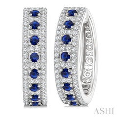 3/4 Ctw 2.00MM Round Cut Sapphire and Round Cut Diamond Precious Hoop Earring in 14K White Gold