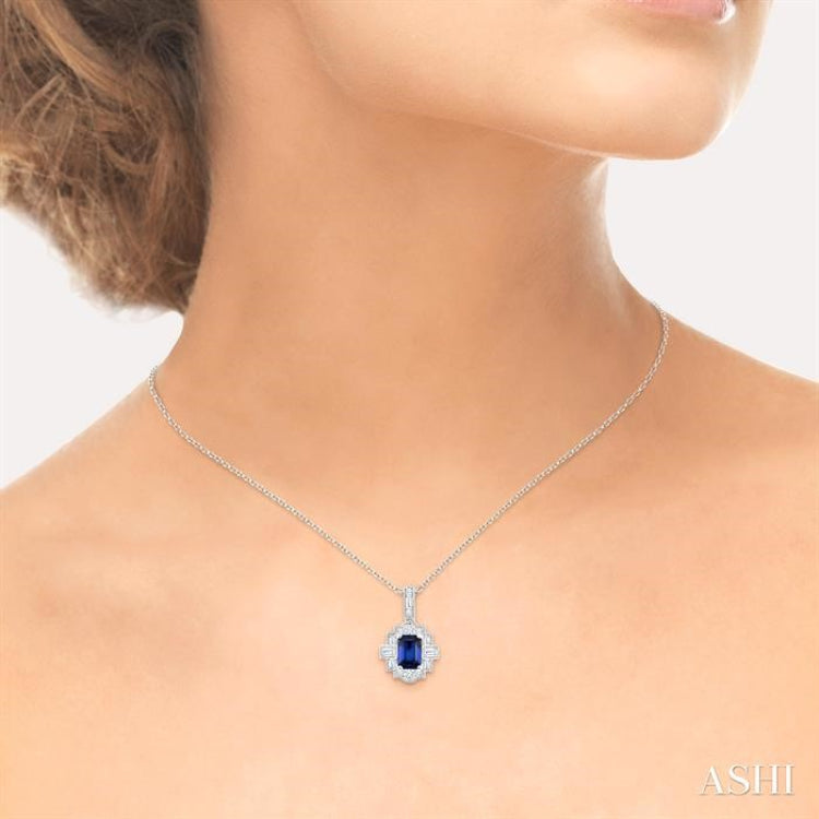 6X4 MM Octagon Shape Sapphire and 1/4 Ctw Round and Baguette Cut Diamond Precious Pendant With Chain in 14K White Gold