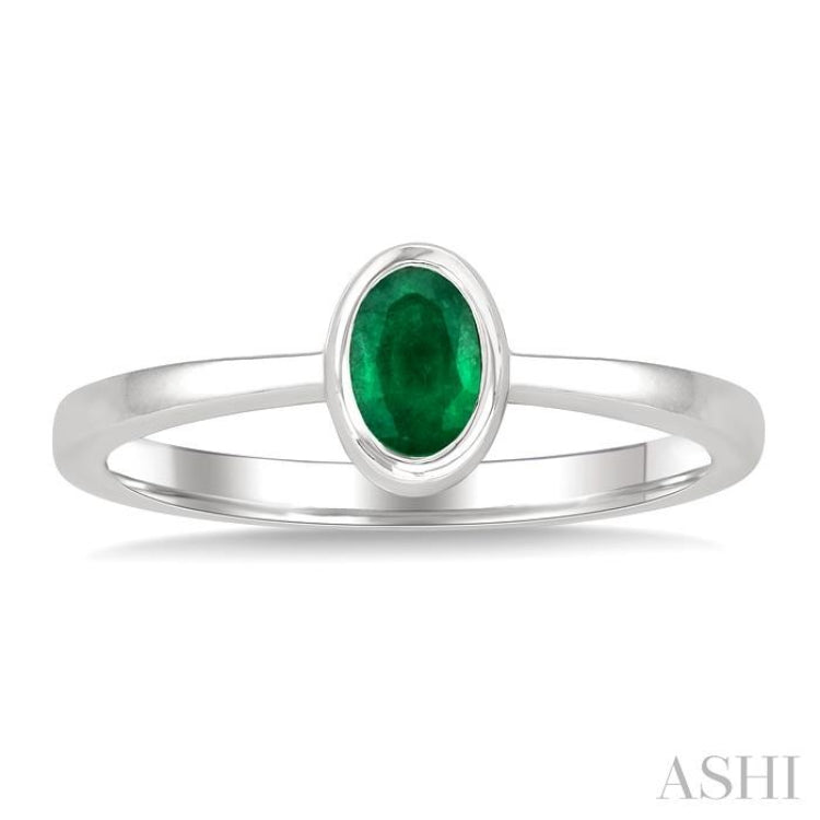 6X4 MM Bezel Set Oval Cut Emerald Precious Solitaire Ring in 14K White Gold