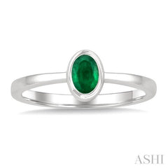 6X4 MM Bezel Set Oval Cut Emerald Precious Solitaire Ring in 14K White Gold