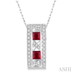 3x3 MM Princess Cut Ruby and 1/5 Ctw Round Cut Diamond Precious Pendant in 14K White Gold with Chain