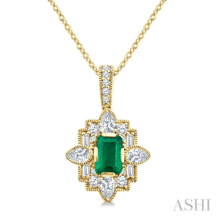 5/8 Ctw Art Deco 6X4MM Octagon Shape Emerald and Mixed Diamond Cut Precious Pendant With Chain in 14K Yellow Gold