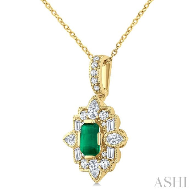 5/8 Ctw Art Deco 6X4MM Octagon Shape Emerald and Mixed Diamond Cut Precious Pendant With Chain in 14K Yellow Gold