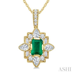 5/8 Ctw Art Deco 6X4MM Octagon Shape Emerald and Mixed Diamond Cut Precious Pendant With Chain in 14K Yellow Gold