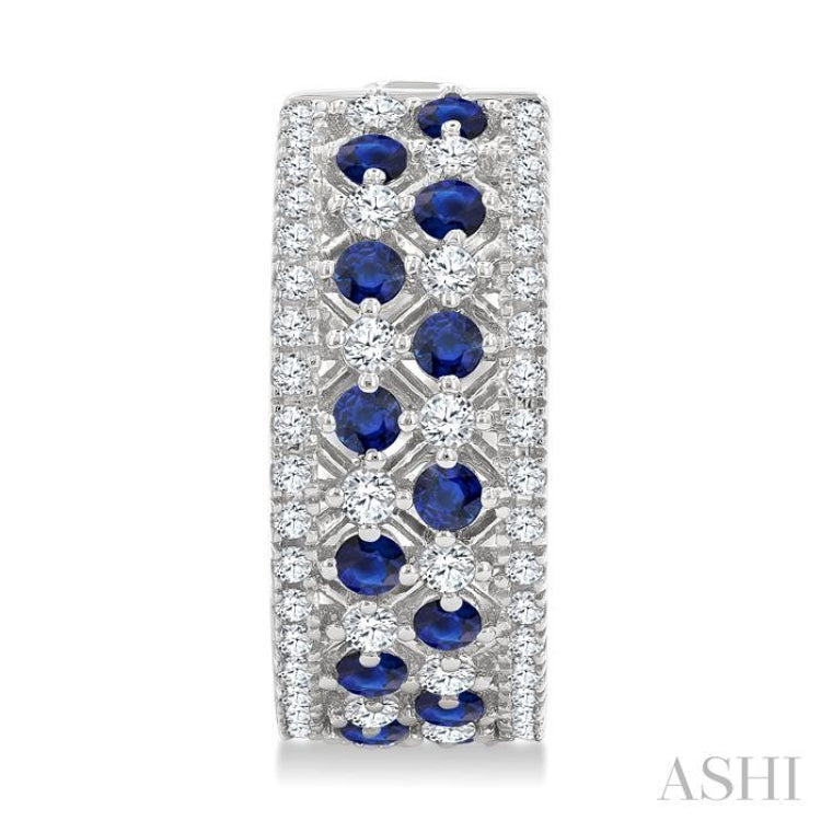 1 Ctw Fretwork 2MM Round Cut Sapphire and Round Cut Diamond Precious Hoop Earring in 14K White Gold