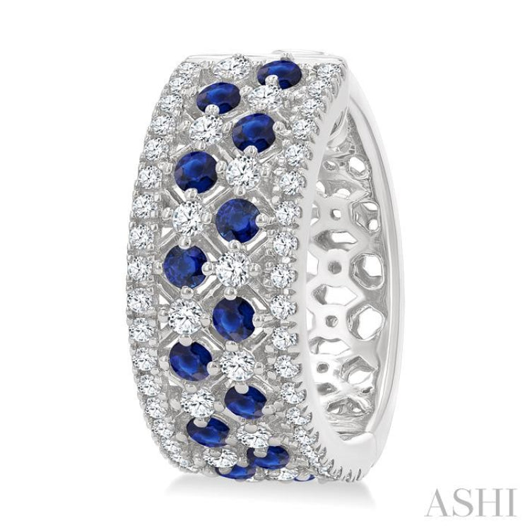 1 Ctw Fretwork 2MM Round Cut Sapphire and Round Cut Diamond Precious Hoop Earring in 14K White Gold