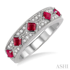 2.5 MM Princess Cut Ruby and 1/6 Ctw Round Cut Diamond Precious Band in 14K White Gold