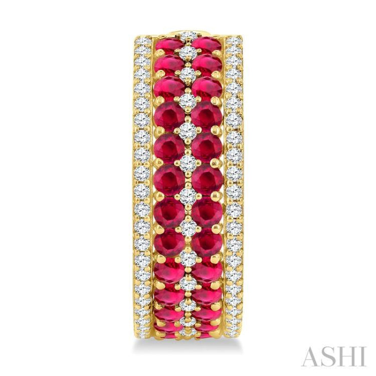 3/4 Ctw 2.00MM Round Cut Ruby and Round Cut Diamond Precious Hoop Earring in 14K Yellow Gold