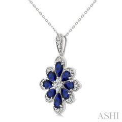 1/6 Ctw Floral Motif 5X3MM & 4X3MM Pear Cut Sapphire and Round Cut Diamond Precious Pendant With Chain in 10K White Gold