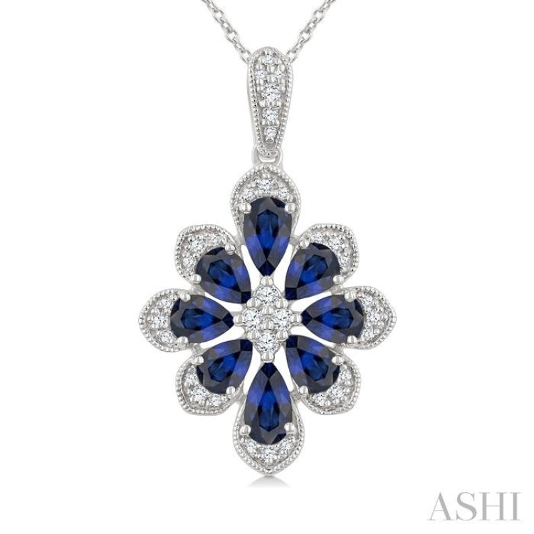 1/6 Ctw Floral Motif 5X3MM & 4X3MM Pear Cut Sapphire and Round Cut Diamond Precious Pendant With Chain in 10K White Gold