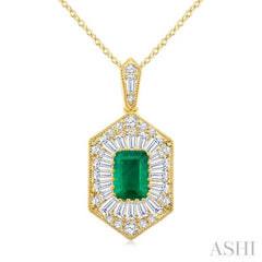 1/2 Ctw Art Deco Hexagon 6X4MM Octagon Shape Emerald, Baguette and Round Cut Diamond Precious Pendant With Chain in 14K Yellow Gold