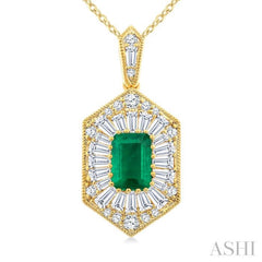 1/2 Ctw Art Deco Hexagon 6X4MM Octagon Shape Emerald, Baguette and Round Cut Diamond Precious Pendant With Chain in 14K Yellow Gold