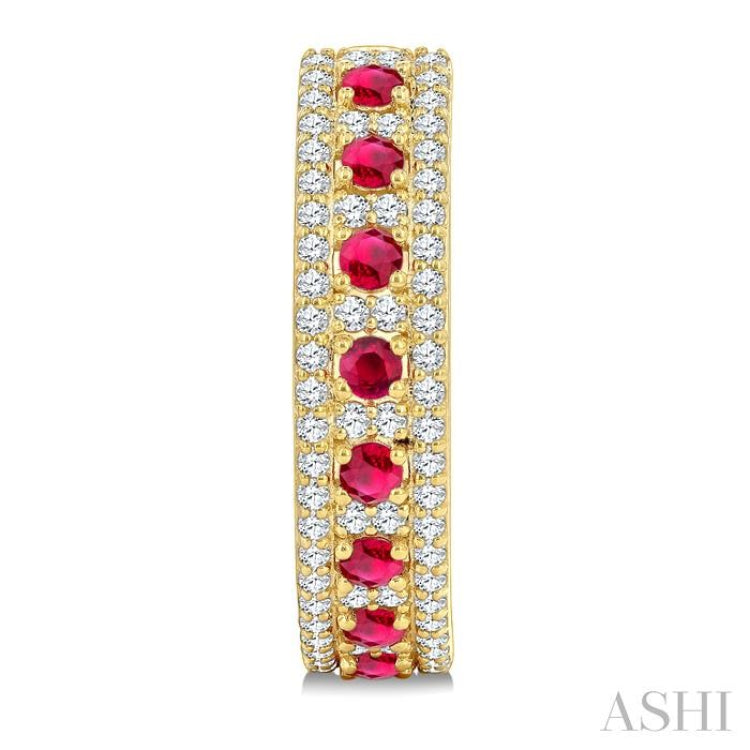 3/4 Ctw 2.00MM Round Cut Ruby and Round Cut Diamond Precious Hoop Earring in 14K Yellow Gold