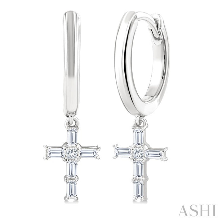 1/5 Ctw Princess and Baguette Cut Diamond Cross Petite Fashion Hoop Earrings in 10K White Gold