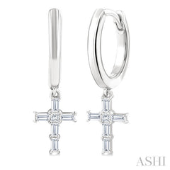 1/5 Ctw Princess and Baguette Cut Diamond Cross Petite Fashion Hoop Earrings in 10K White Gold