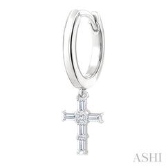 1/5 Ctw Princess and Baguette Cut Diamond Cross Petite Fashion Hoop Earrings in 10K White Gold