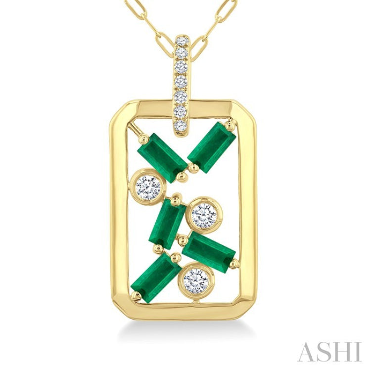 4x2 MM Scatter Baguette Cut Emerald and 1/6 Ctw Round Cut Diamond Precious Fashion Pendant With Chain in 14K Yellow Gold