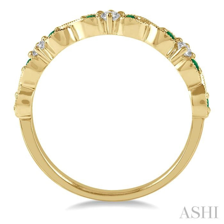 1.35 MM Emerald and 1/10 Ctw Round Cut Diamond Precious Wedding Band in 14K Yellow Gold