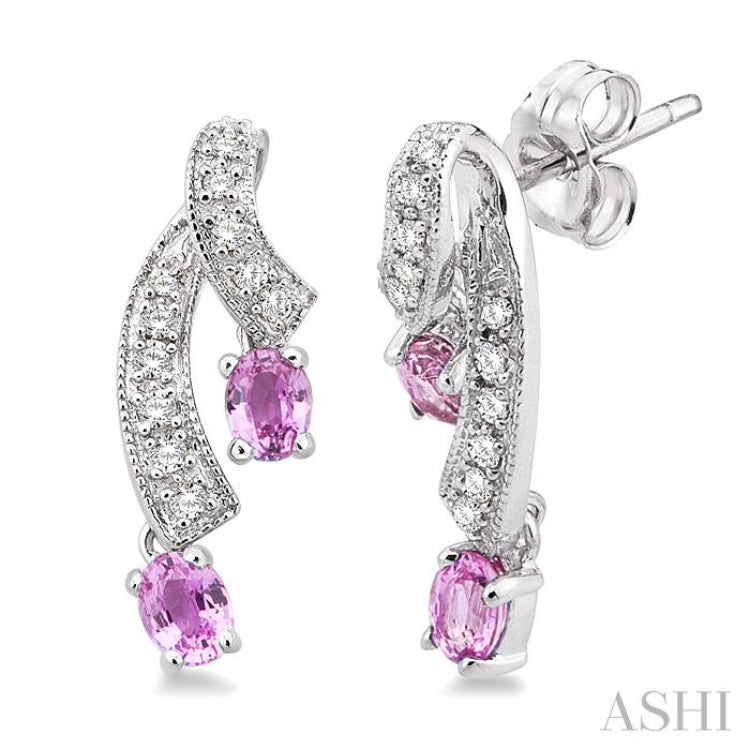 4x3 MM Oval Cut Pink Sapphire and 1/5 Ctw Round Cut Diamond Precious Earrings in 14K White Gold
