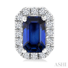 5x3 MM Octagonal Shape Sapphire and 1/8 Ctw Round Cut Diamond Halo Precious Stud Earrings in 10K White Gold
