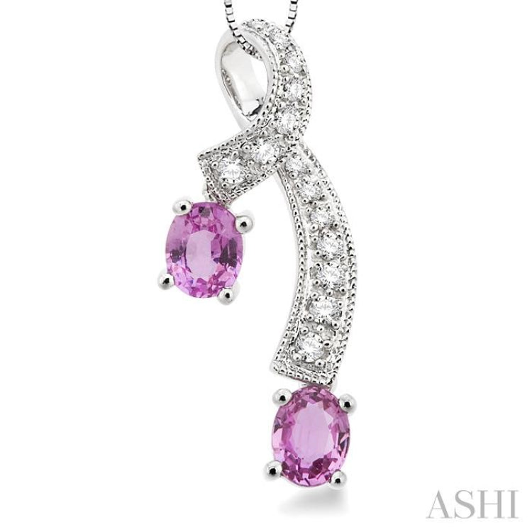 5x4 MM Oval Cut Pink Sapphire and 1/6 Ctw Round Cut Diamond Precious Pendant in 14K White Gold with Chain