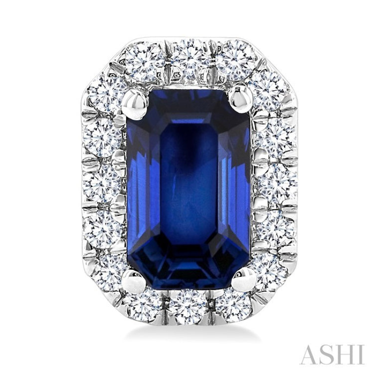5x3 MM Octagonal Shape Sapphire and 1/8 Ctw Round Cut Diamond Halo Precious Stud Earrings in 14K White Gold