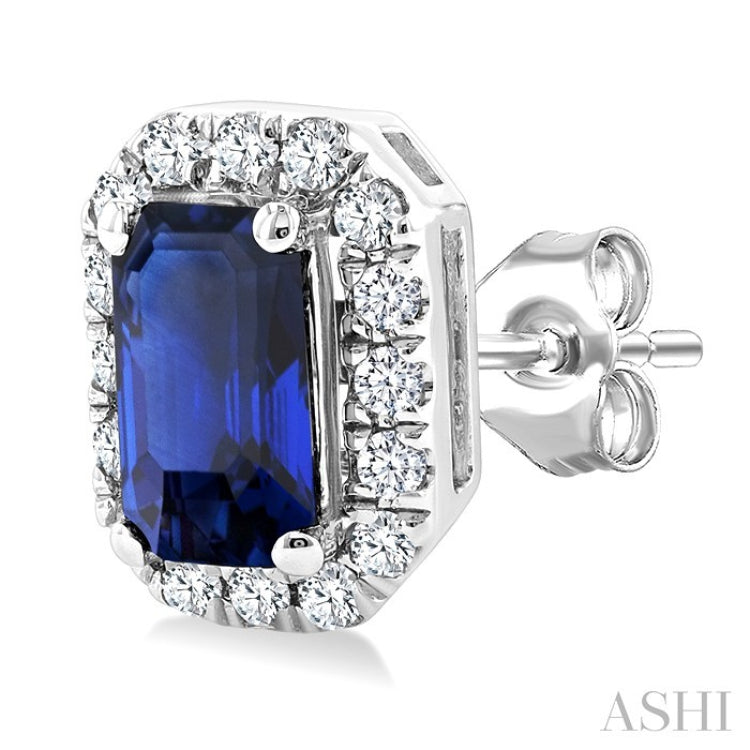 5x3 MM Octagonal Shape Sapphire and 1/8 Ctw Round Cut Diamond Halo Precious Stud Earrings in 14K White Gold