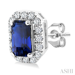 5x3 MM Octagonal Shape Sapphire and 1/8 Ctw Round Cut Diamond Halo Precious Stud Earrings in 14K White Gold