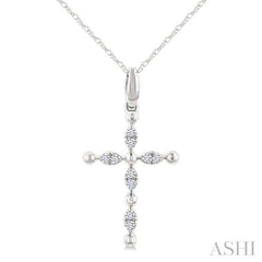 1/20 Ctw Cross Marquise and Ball Bead Motif Round Cut Diamond Fashion Pendant With Chain in 10K White Gold