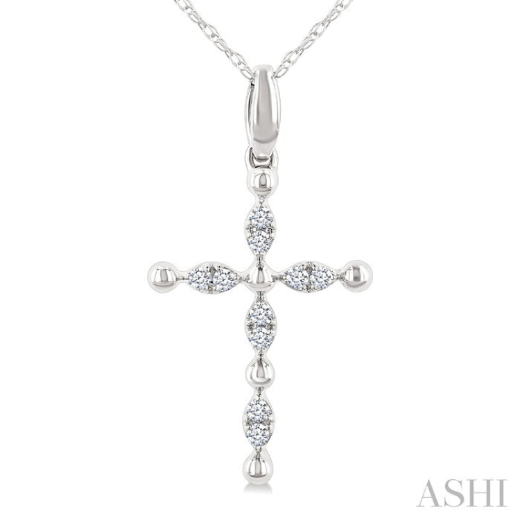 1/20 Ctw Cross Marquise and Ball Bead Motif Round Cut Diamond Fashion Pendant With Chain in 10K White Gold