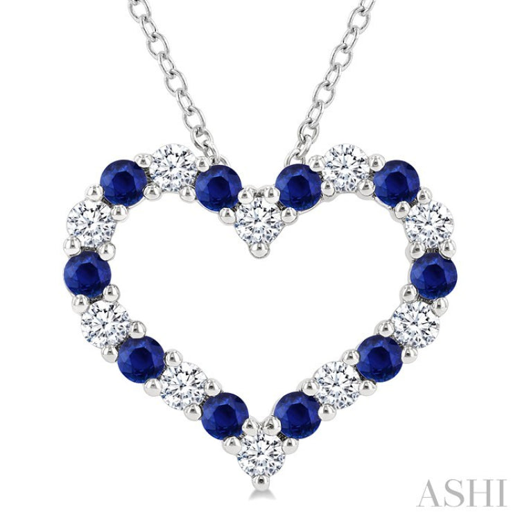 2.3 MM Round Cut Sapphire and 1/2 Ctw Open Heart Round Cut Diamond Precious Fashion Pendant With Chain in 14K White Gold